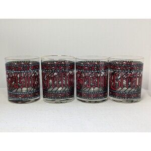 Vintage Houze Season's Greetings Stained Glass Rocks Glasses Lot of 4